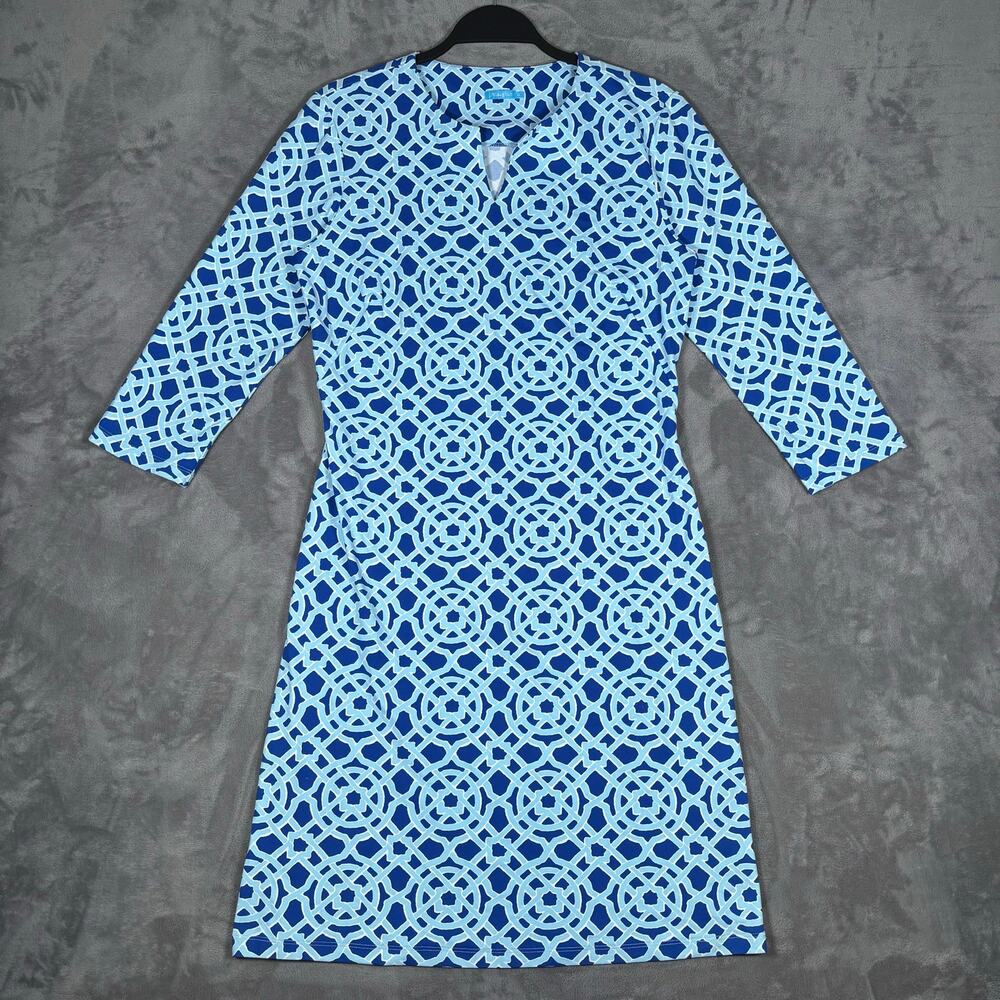 J. McLaughlin Blue Geometric Shift Dress Women’s Size Medium 3/4 Sleeve